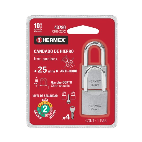 43790 Blister con 2 candados de hierro de 25mm con gancho corto 1 0 visible CHB-25X2 Blister con 2 candados de hierro de 25mm con gancho corto