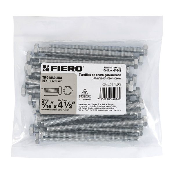 Bolsa con 30 tornillos 5/16" x 4-1/2" tipo máquina, Fiero