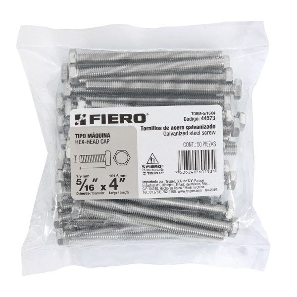 Bolsa con 50 tornillos 5/16" x 4" tipo máquina, Fiero