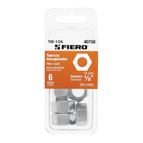 Blíster con 6 tuercas 1/2" hex de acero galvanizado, Fiero