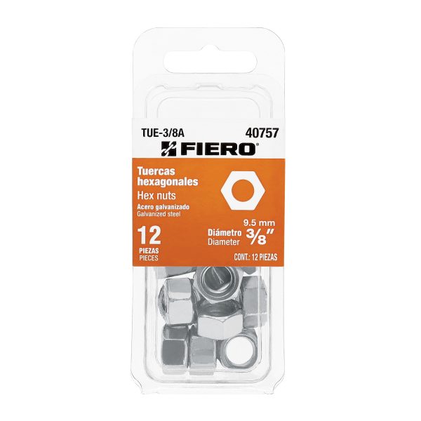 Blíster con 12 tuercas 3/8" hex de acero galvanizado, Fiero